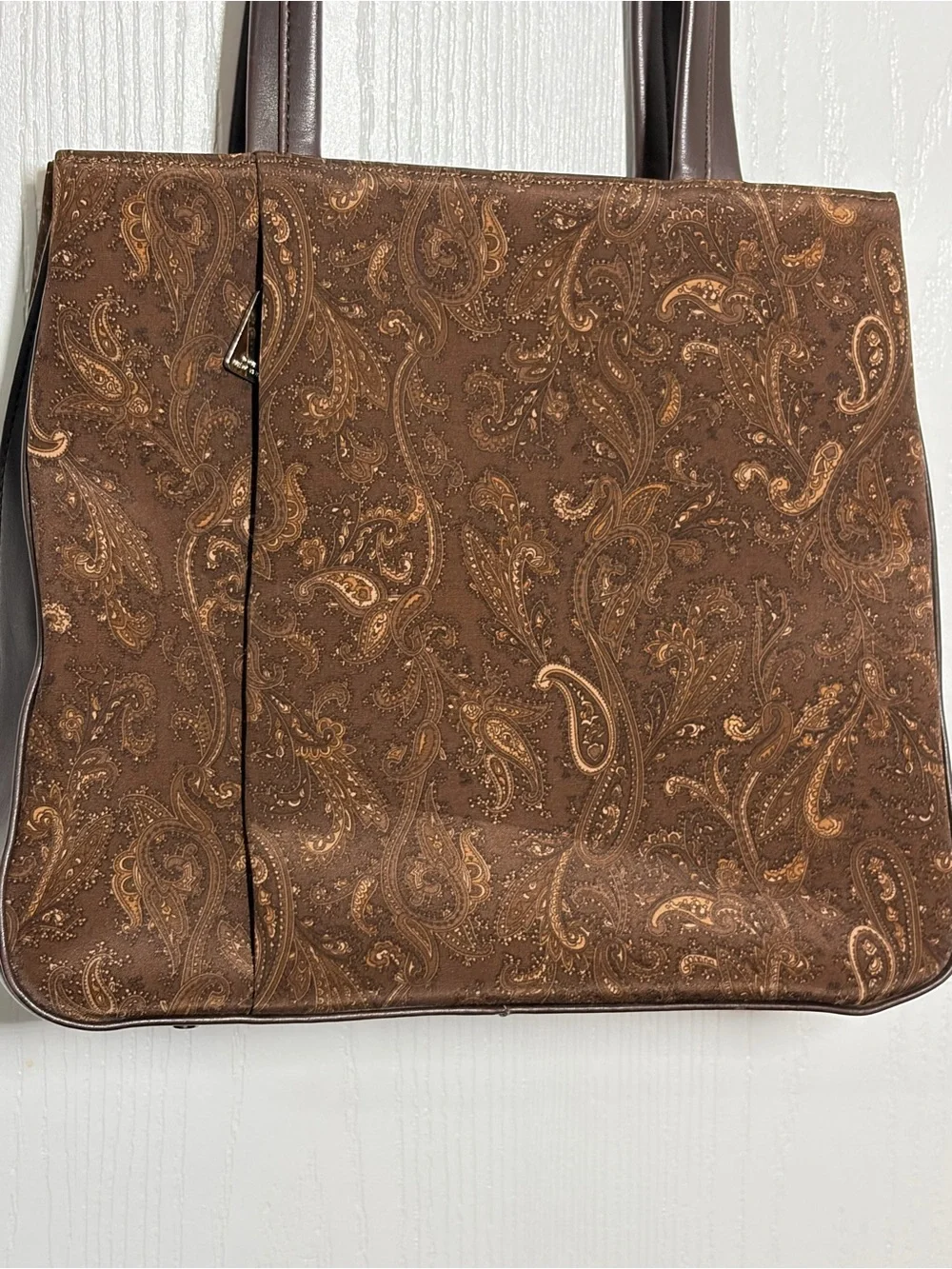 New York & Company Brown Paisley Messenger Tote with Dark Leather Straps